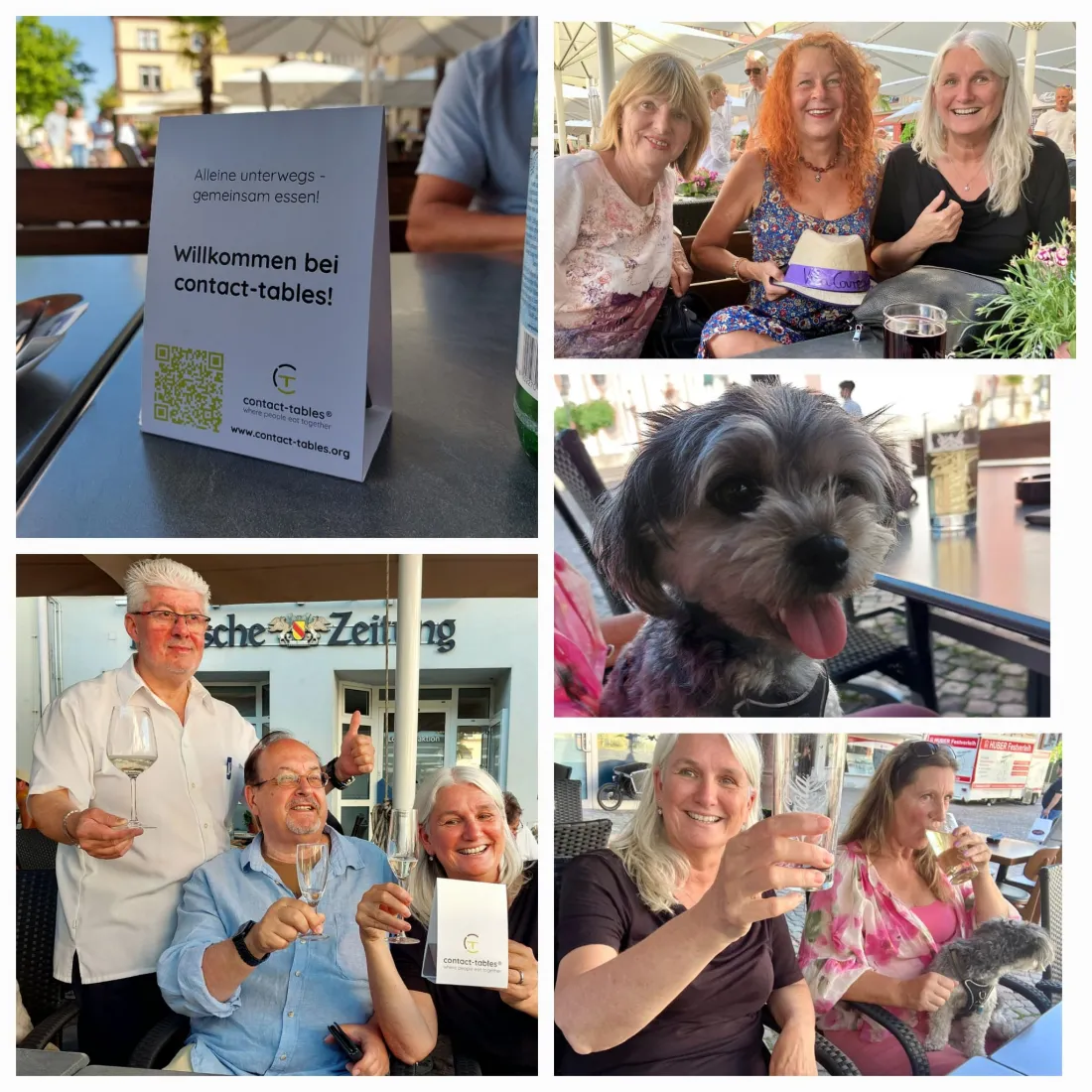 Collage vom ersten contact-table in Bad Säckingen: Gäste am Tisch und der Aufsteller von contact-tables